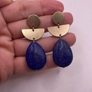 Vintage Gold Tone Blue Beaded Dangle Drop Statement Earrings
